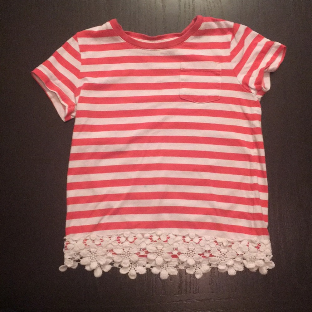 Pink and white stripped shirt with lace trim